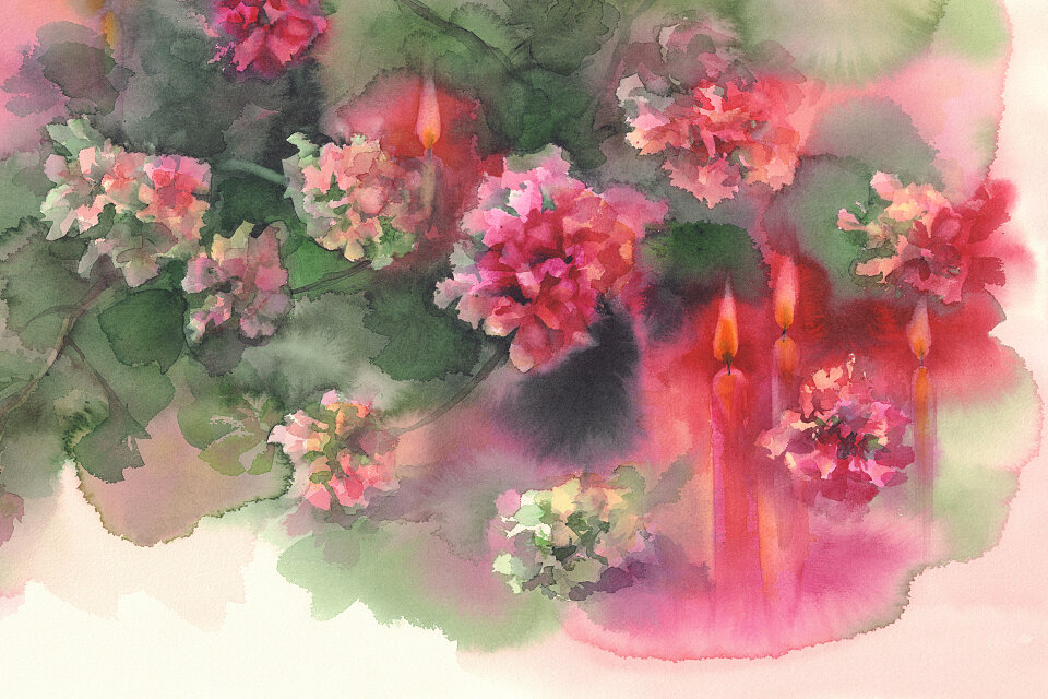 red pelargonium with candles watercolor background 840466010 9866x5068